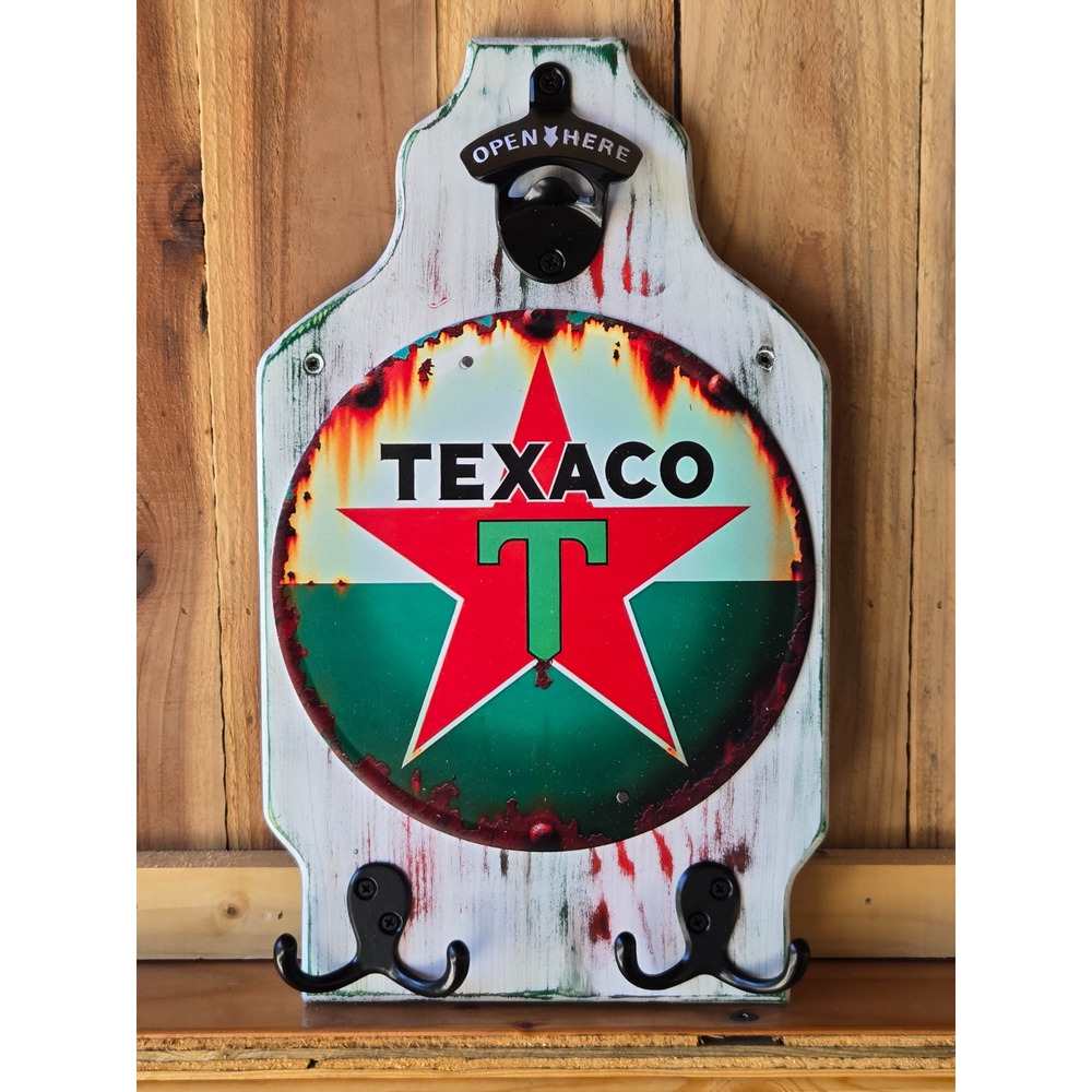 Texaco Star Wall Mount Plaque, Solid Wood, Vintage Look, Bottle Opener, Hooks